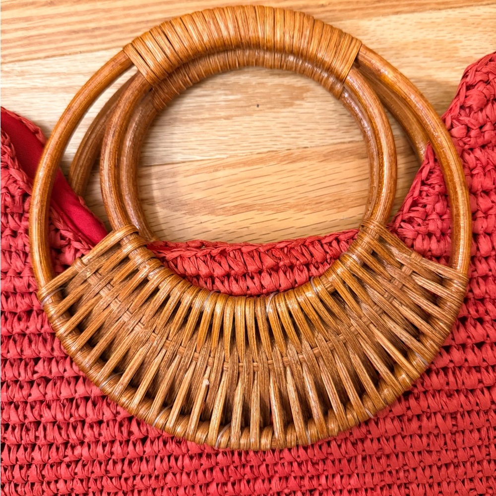 Straw Studios Woven Raffia Tote Wood Handle Boho Summer Bag - Picture 3 of 9